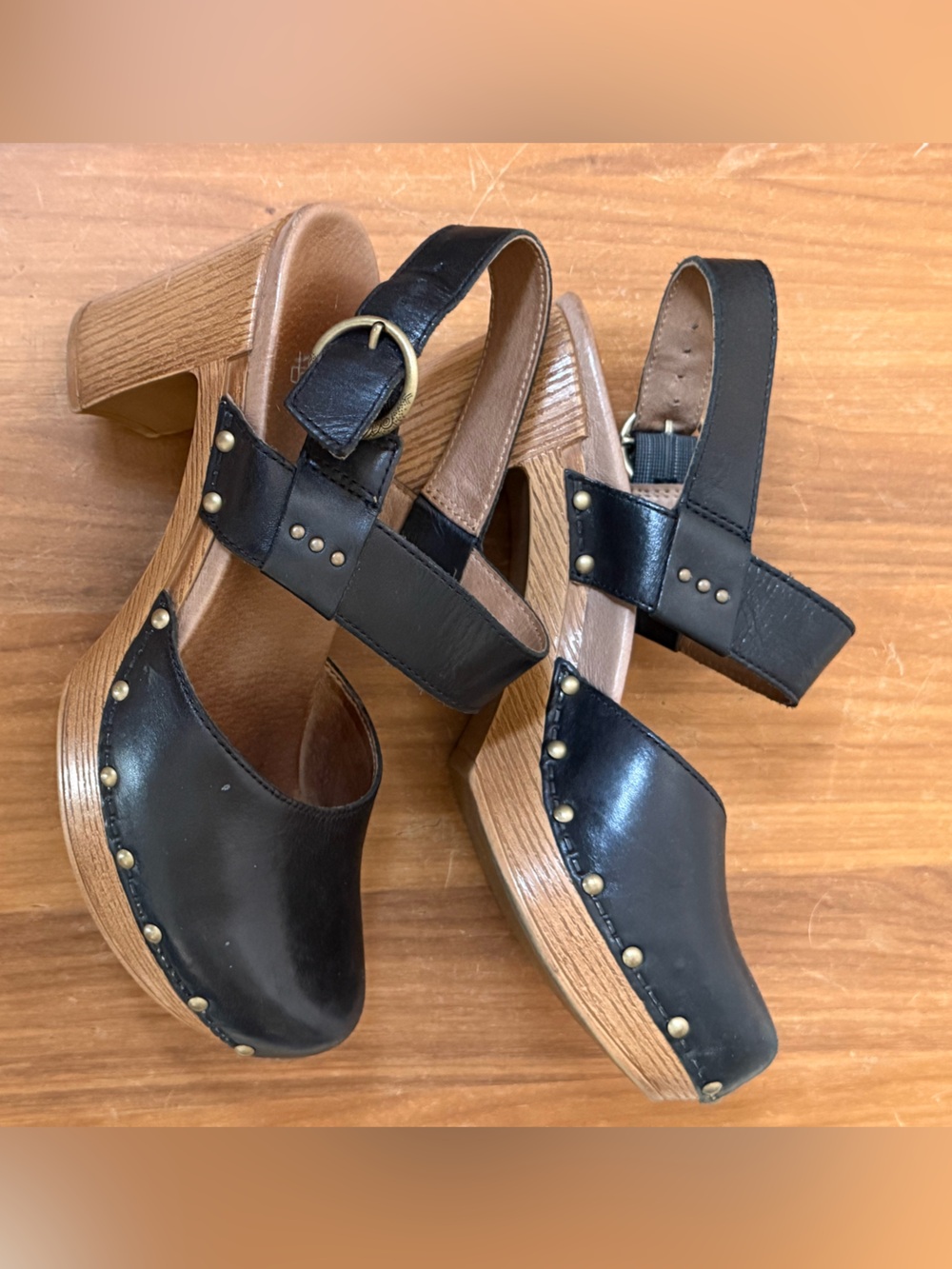 Dansko Leather Black Wooden-Platform Clog Sandals